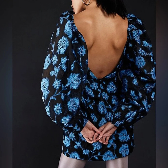 Free People Aureta Georgia Mini Dress NEW Size XS Formal Puff Sleeve Blue Floral - Picture 2 of 13